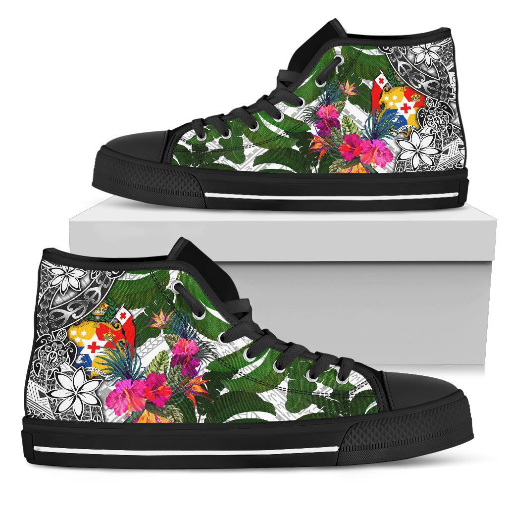 Tonga High Top Shoes White - Turtle Plumeria Banana Leaf Unisex Black - Polynesian Pride