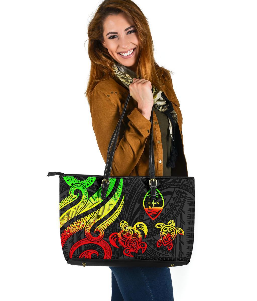 Guam Polynesian Large Leather Tote Bag - Reggae Tentacle Turtle Reggae - Polynesian Pride