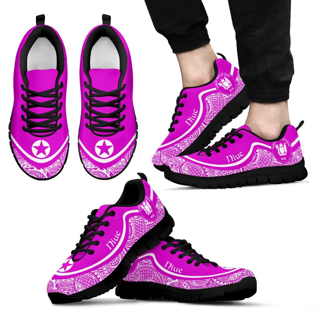 Niue Wave Sneakers - Polynesian Pattern White Pink Color Men's Sneakers - Black - Niue Black - Polynesian Pride