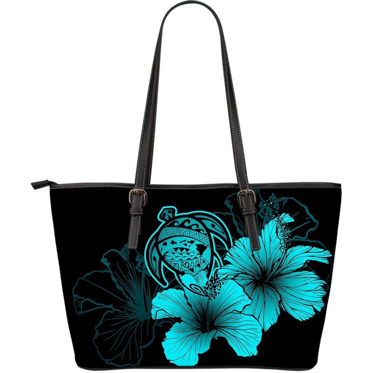 Hawaii Hibiscus Large Leather Tote Bag - Turtle Map - Turquoise Blue - Polynesian Pride