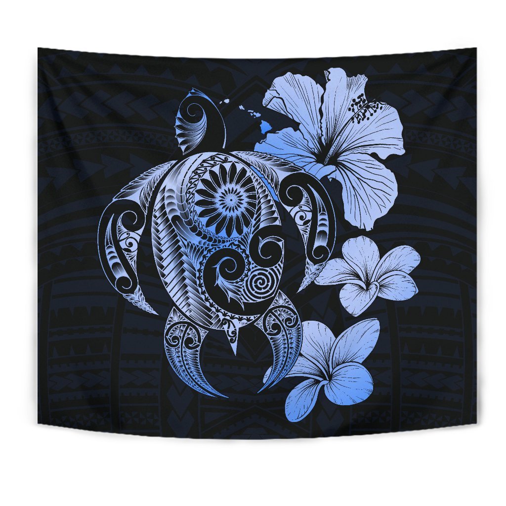 Hibiscus Plumeria Mix Polynesian Blue Turtle Tapestry - Polynesian Pride