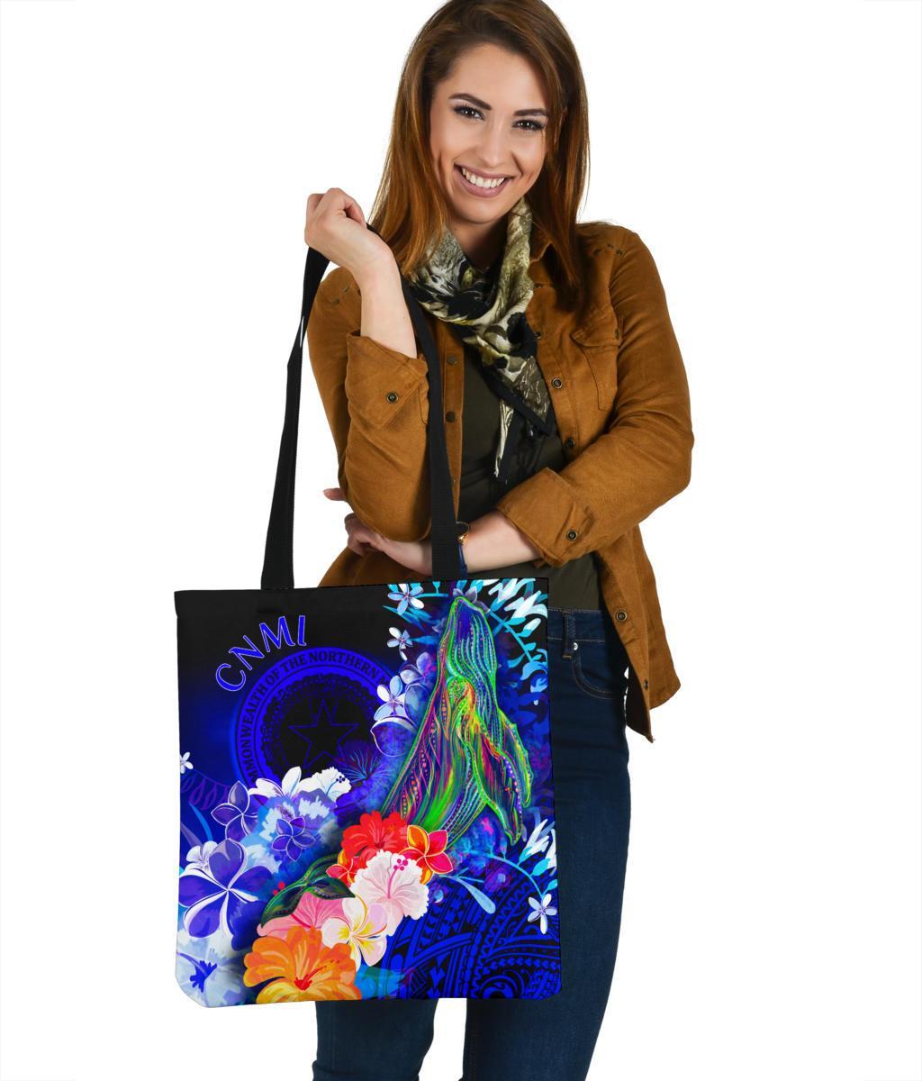 CNMI Tote Bags - Humpback Whale with Tropical Flowers (Blue) Tote Bag One Size Blue - Polynesian Pride