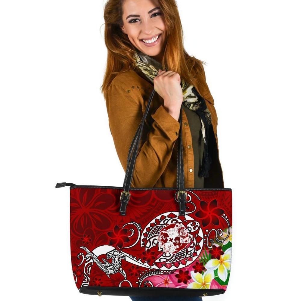 Tonga Leather Tote Bag - Turtle Plumeria (Red) Tote Bag One Size Red - Polynesian Pride