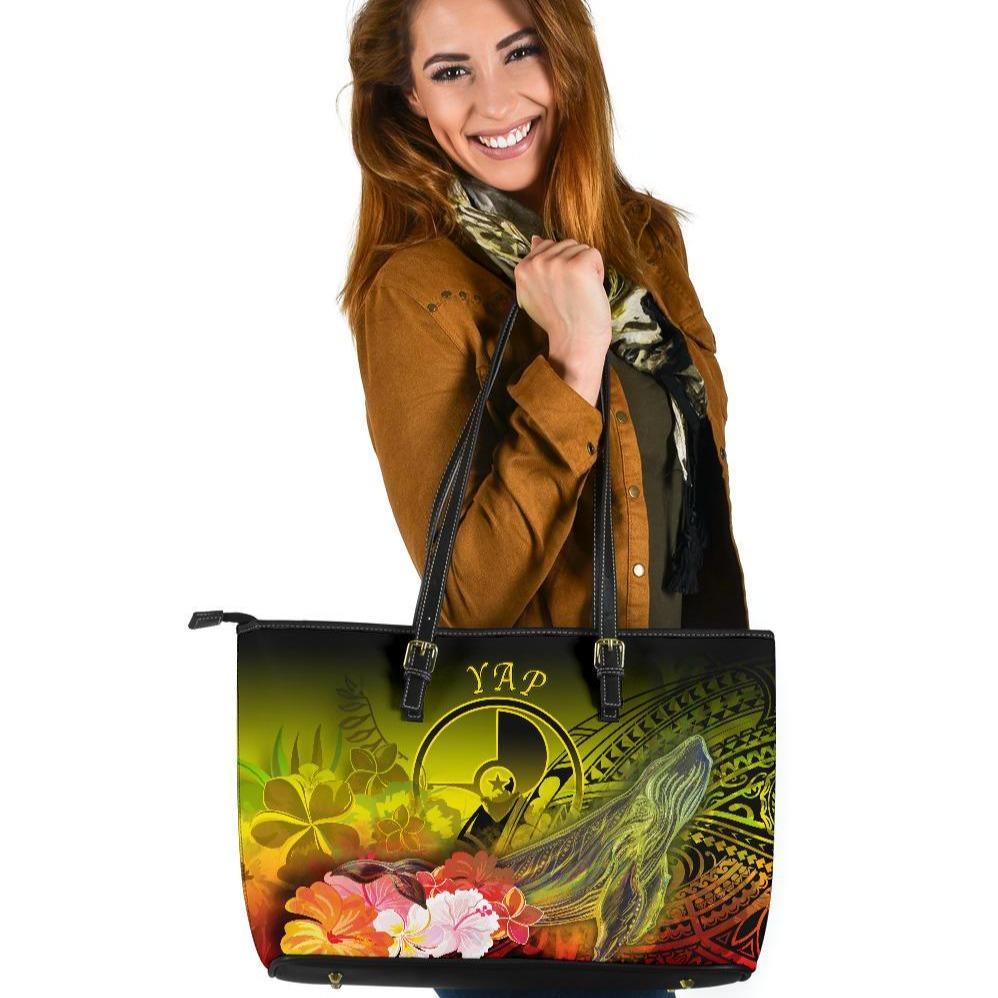 Yap Large Leather Tote Bag - Humpback Whale with Tropical Flowers (Yellow) Yellow - Polynesian Pride