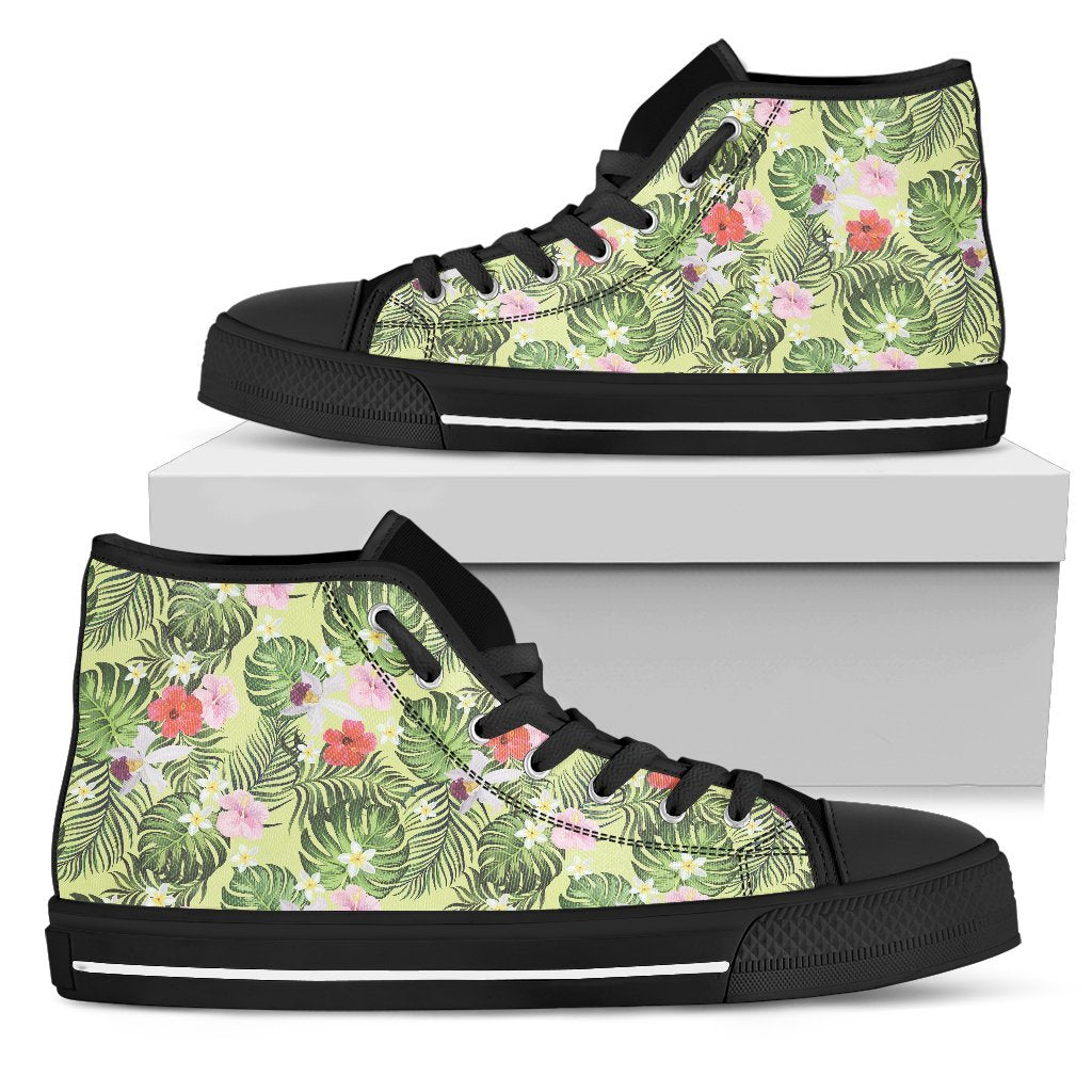 Hawaiian Shoes - Tropical Hibiscus, Plumeria Green High Top Shoes Mens High Top Black - Polynesian Pride