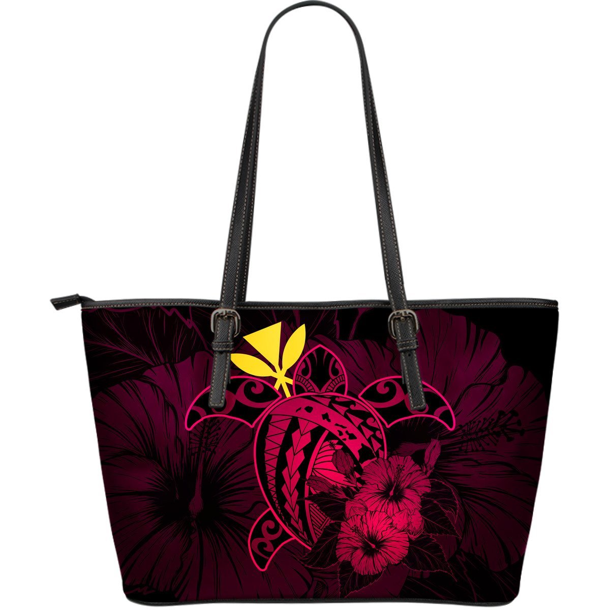 Hawaii Hibiscus Large Leather Tote Bag - Harold Turtle - Calico Red Red - Polynesian Pride