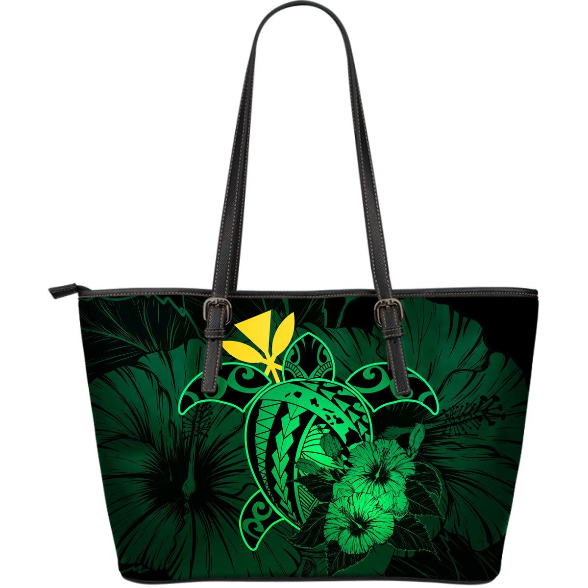 Hawaii Hibiscus Large Leather Tote Bag - Harold Turtle - Pastel Green Green - Polynesian Pride