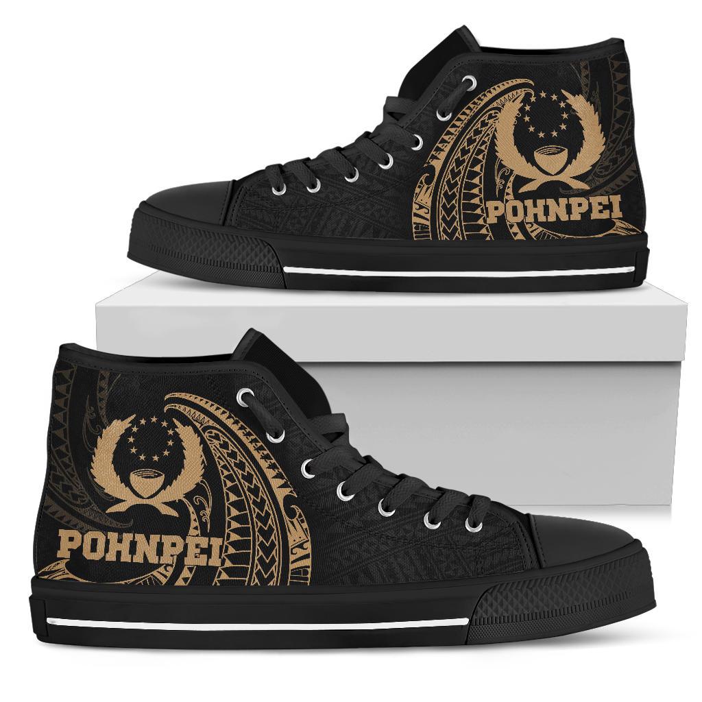 Pohnpei Micronesia High Top Shoes - Gold Tribal Wave Unisex Black - Polynesian Pride