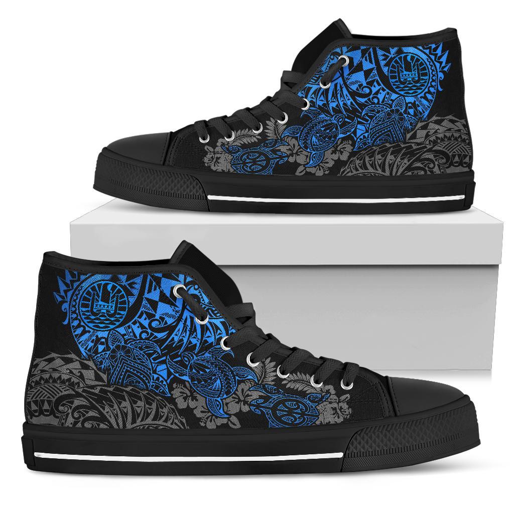 Tahiti Polynesian High Top Shoes - Blue Turtle Hibiscus Flowing Unisex Black - Polynesian Pride