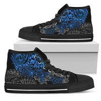 Tahiti Polynesian High Top Shoes - Blue Turtle Hibiscus Flowing Unisex Black - Polynesian Pride
