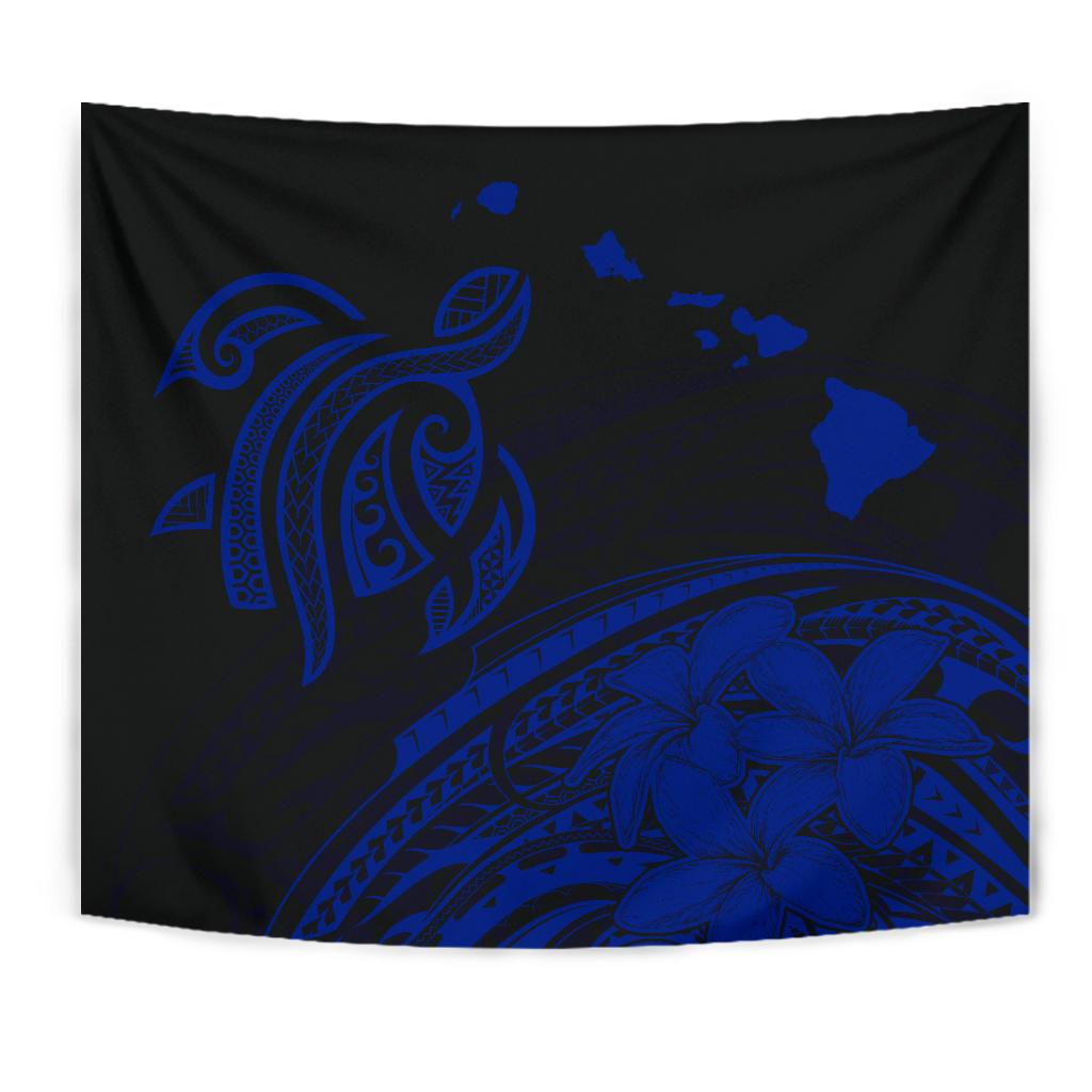 Hawaii Map Plumeria Polynesian Blue Tribal Tapestry Wall Tapestry Blue - Polynesian Pride