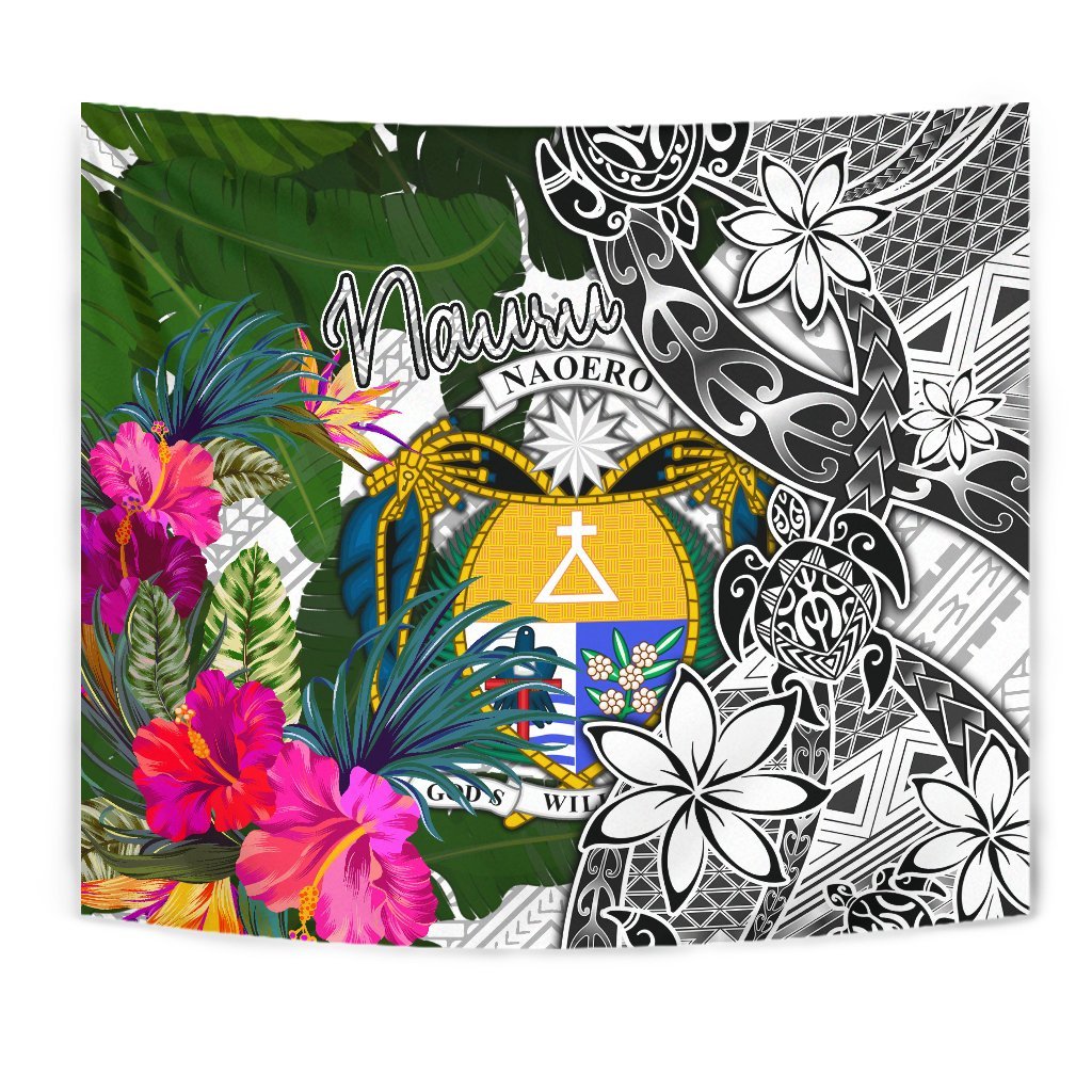 Nauru Tapestry White - Turtle Plumeria Banana Leaf Crest Wall Tapestry White - Polynesian Pride