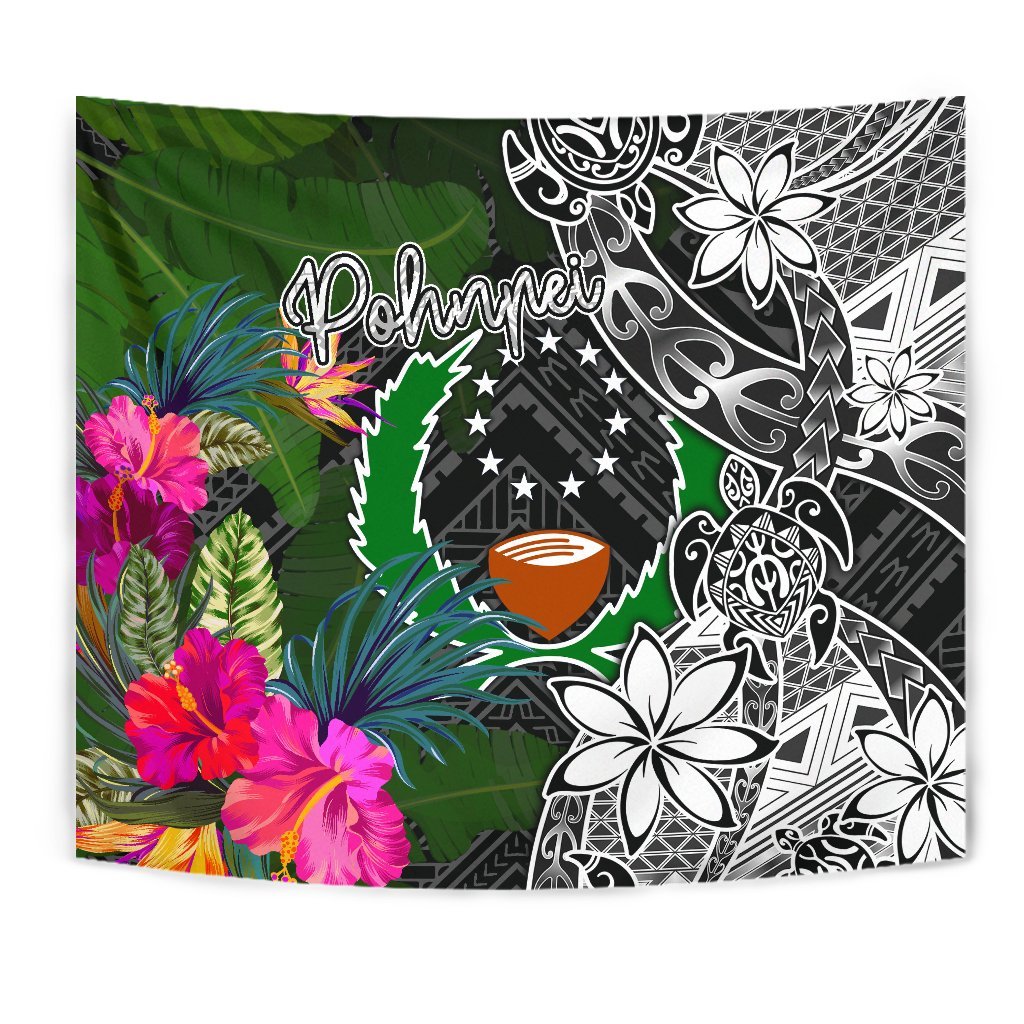 Pohnpei Tapestry - Turtle Plumeria Banana Leaf Wall Tapestry Black - Polynesian Pride