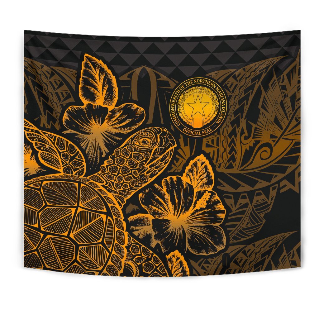 Northern Mariana Islands Tapestry - Turtle Hibiscus Pattern Gold - Polynesian Pride