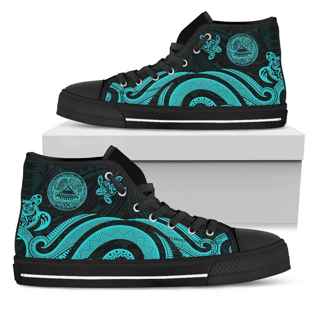 American Samoa High Top Shoes - Turquoise Tentacle Turtle Unisex Black - Polynesian Pride