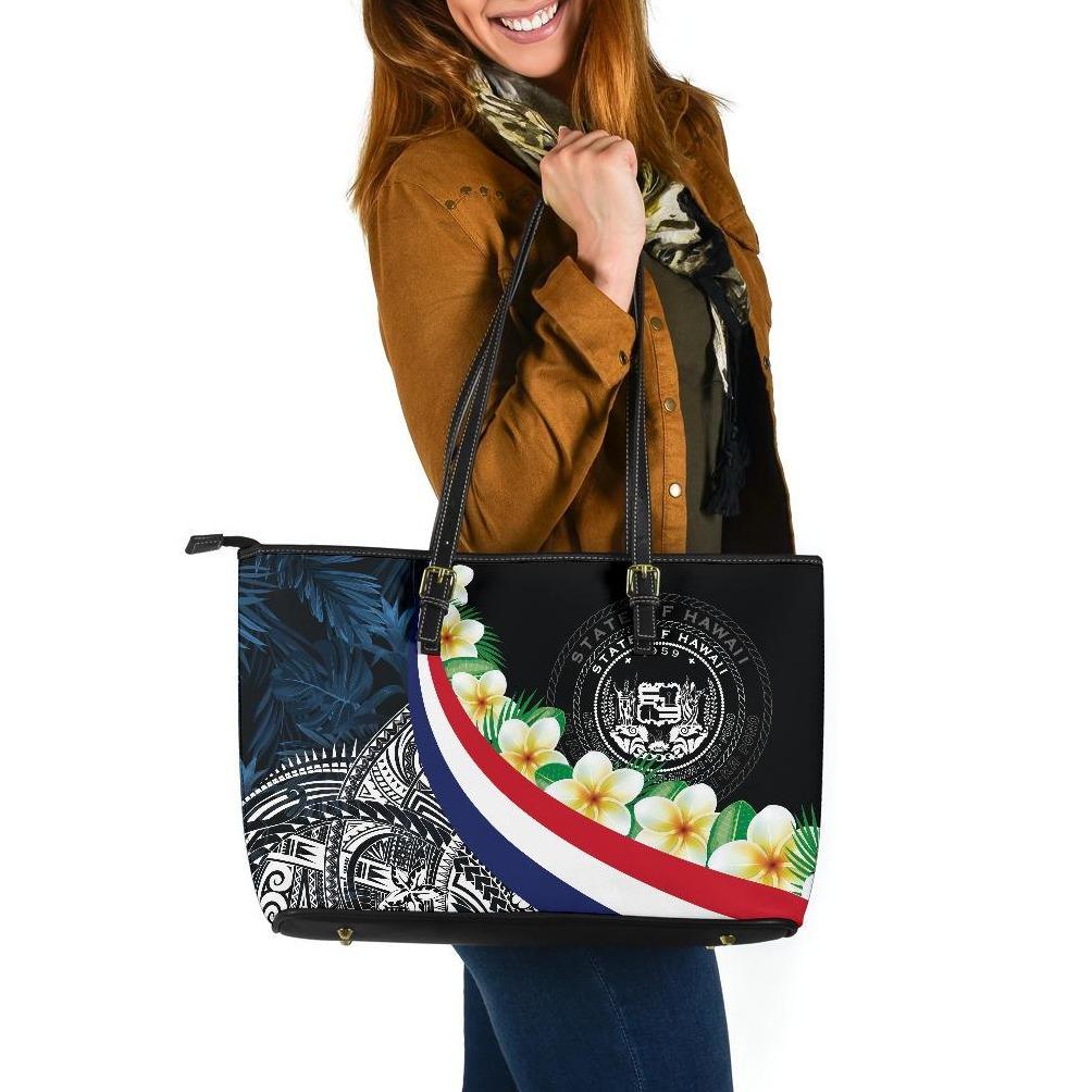 Polynesian Hawaii Large Leather Tote Bag - Hawaii Seal With Plumeria Style Black - Polynesian Pride