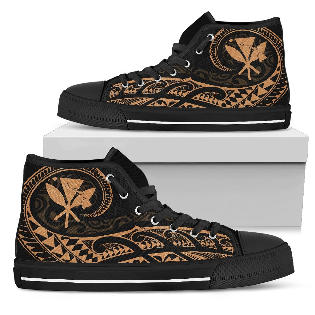 Hawaiian Kanaka State Tattoo Swirly Gold Polynesian High Top Shoes Mens High Top Black - Polynesian Pride