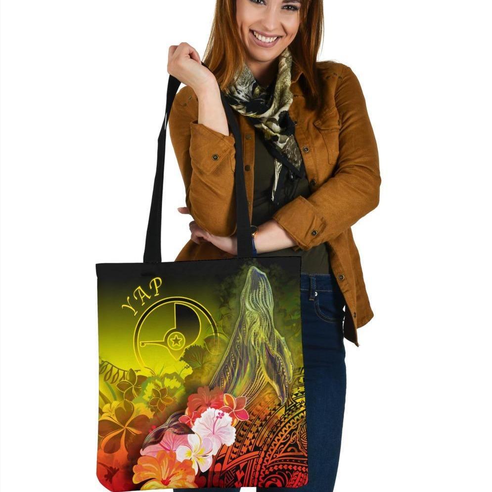 Yap Tote Bags - Humpback Whale with Tropical Flowers (Yellow) Tote Bag One Size Yellow - Polynesian Pride