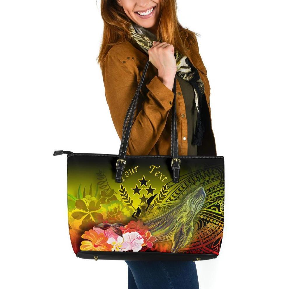 Kosrae Custom Personalised Large Leather Tote Bag - Humpback Whale with Tropical Flowers (Yellow) Yellow - Polynesian Pride