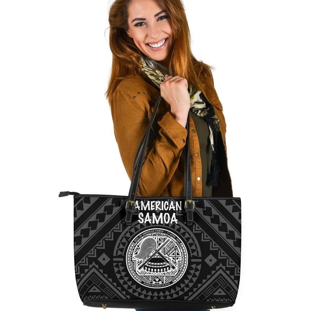 American Samoa Leather Tote Bag - Seal In Polynesian Tattoo Style ( Black) Black - Polynesian Pride