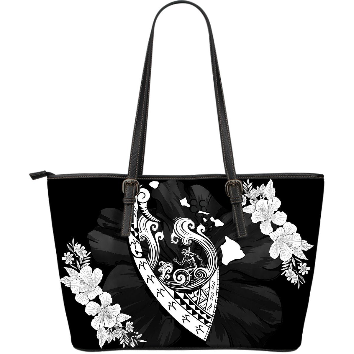 Hawaii Hibiscus Banzai Surfing Large Leather Tote White - Polynesian Pride