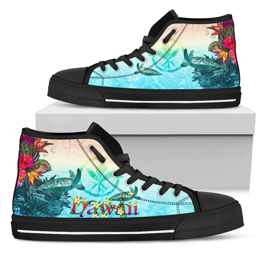 Polynesian Hawaii High - Top Shoes - View sea Hawaii with Turtle and Whale Unisex Black - Polynesian Pride