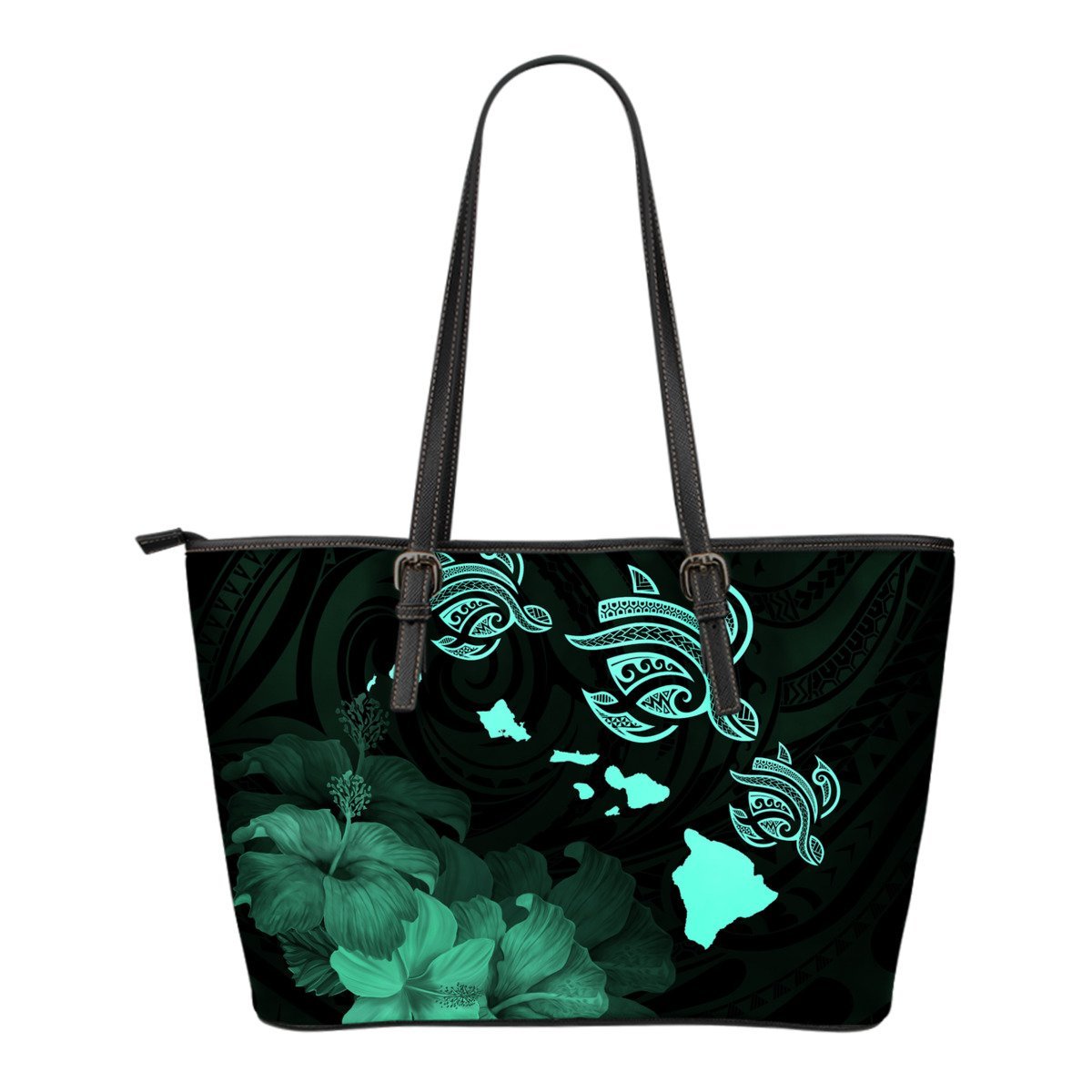 Hawaii Hibiscus Map Polynesian Ancient Turquoise Turtle Small Leather Tote Turquoise - Polynesian Pride