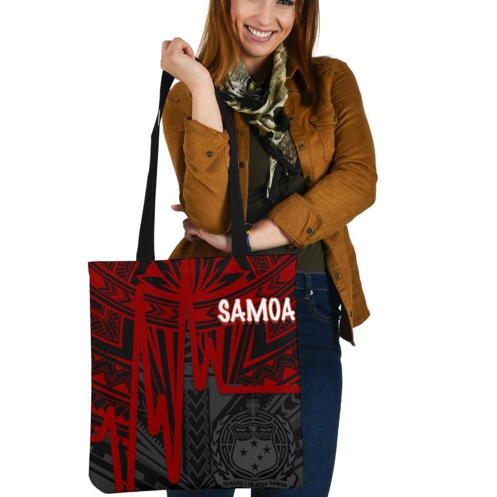 Samoa Tote Bag - Samoa Coat Of Arms With Polynesian Pattern In Heartbeat Style (Red) Tote Bag One Size Red - Polynesian Pride