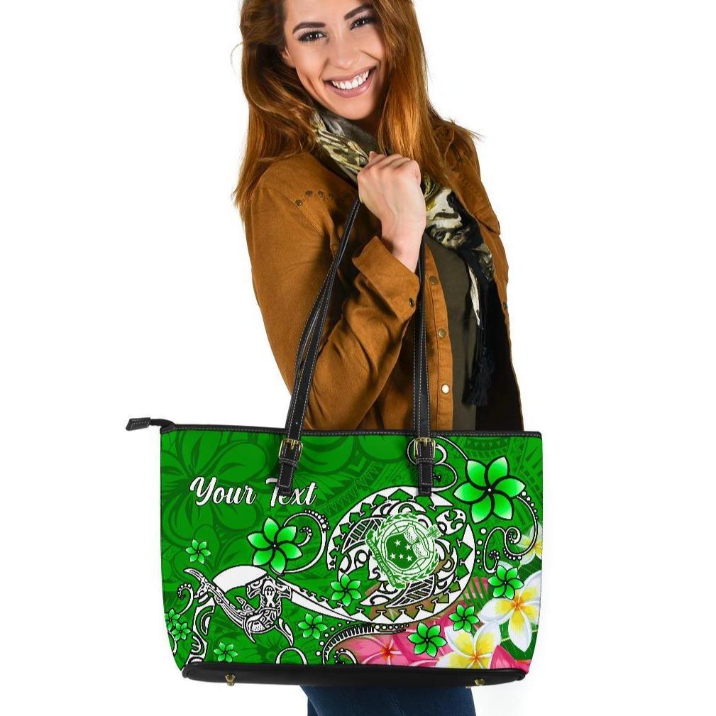 Samoa Custom Personalised Large Leather Tote Bag - Turtle Plumeria (Green) Green - Polynesian Pride