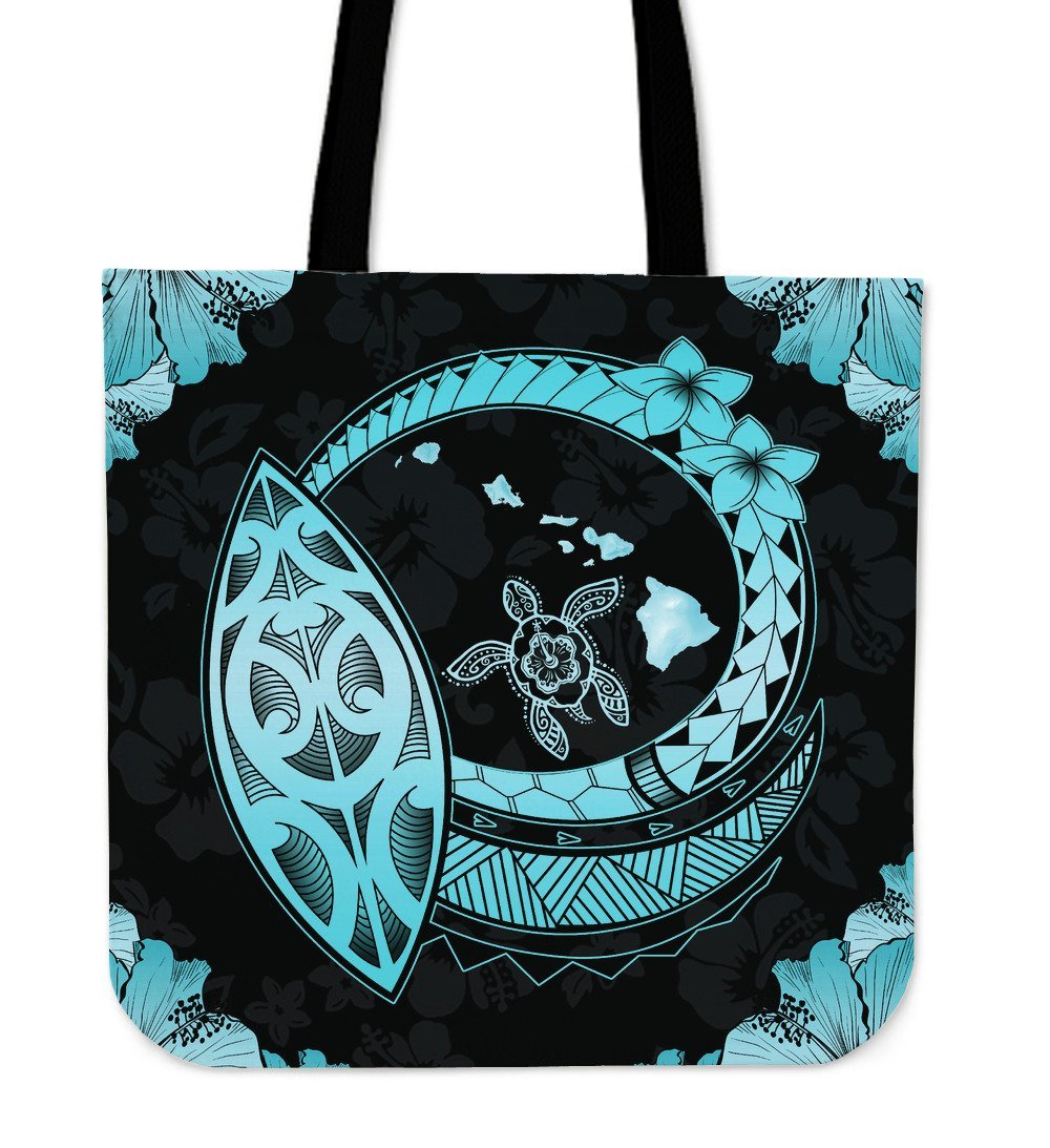 Hawaii Hibiscus Map Hidden Polynesian Turquoise Turtle Tote Bag Tote Bag One Size Turquoise - Polynesian Pride