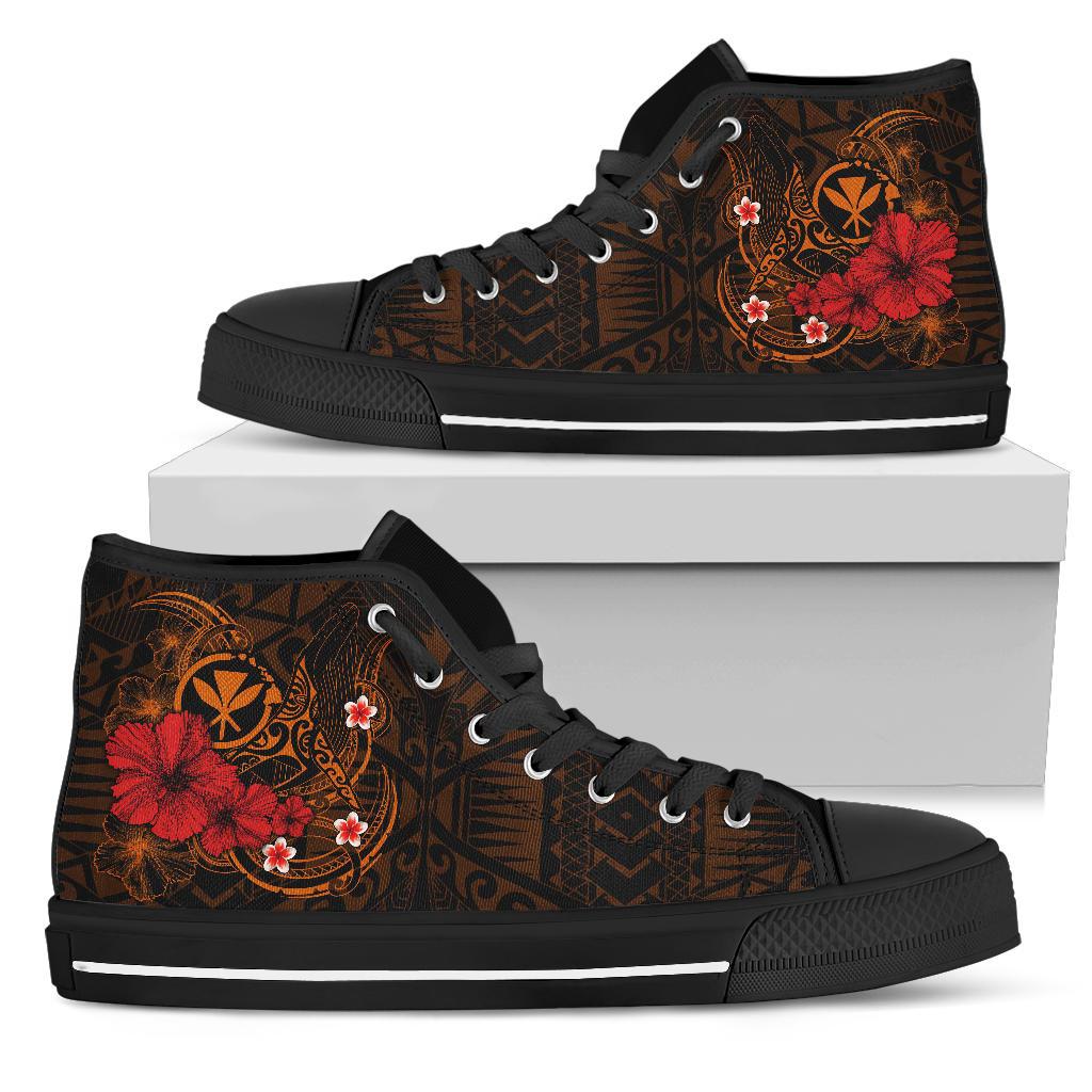 Polynesian Hawaii Kanaka Maoli High Top Shoes - Humpback Whale with Hibiscus (Golden) Unisex Black - Polynesian Pride