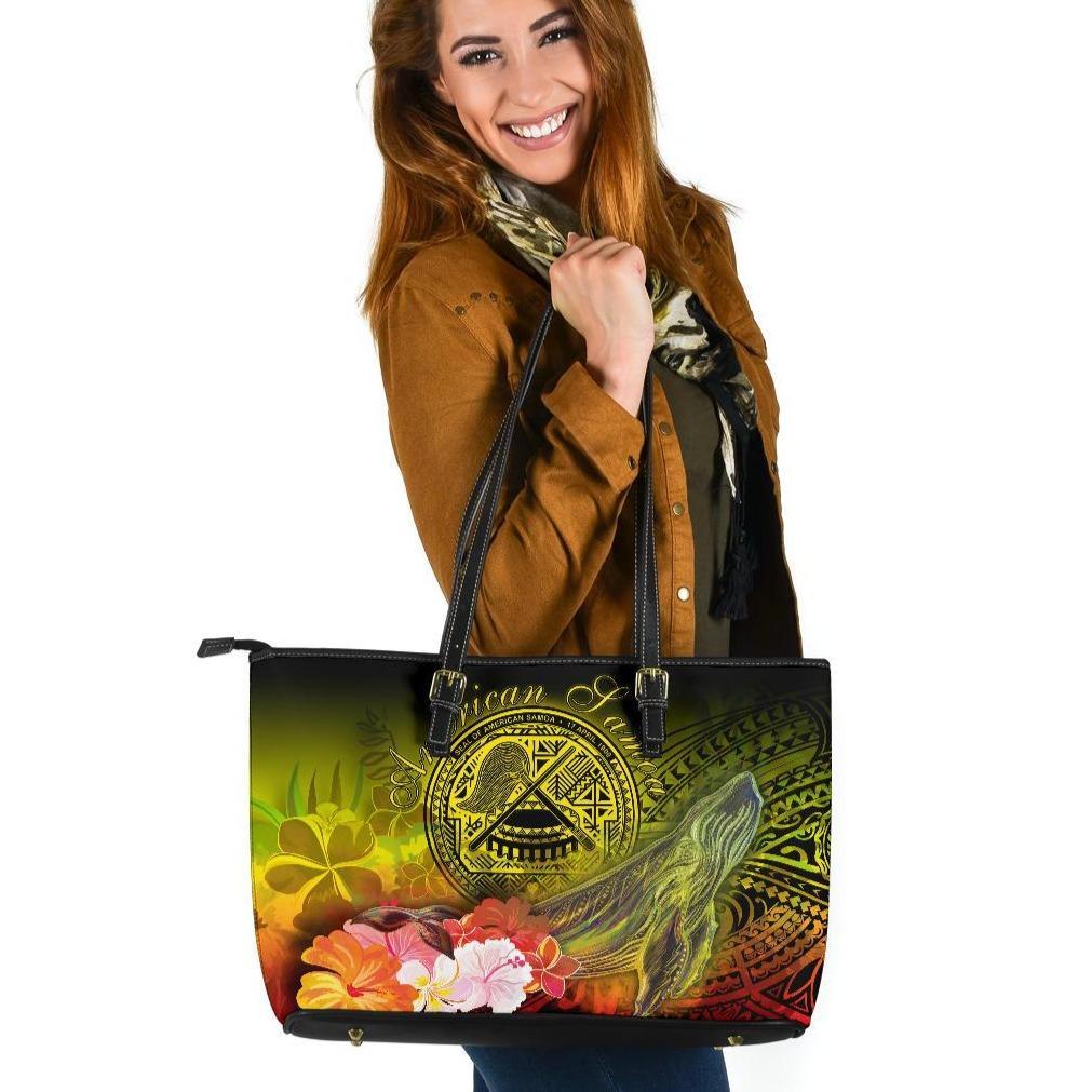 American Samoa Polynesian Leather Tote Bag - Humpback Whale with Tropical Flowers Yellow - Polynesian Pride