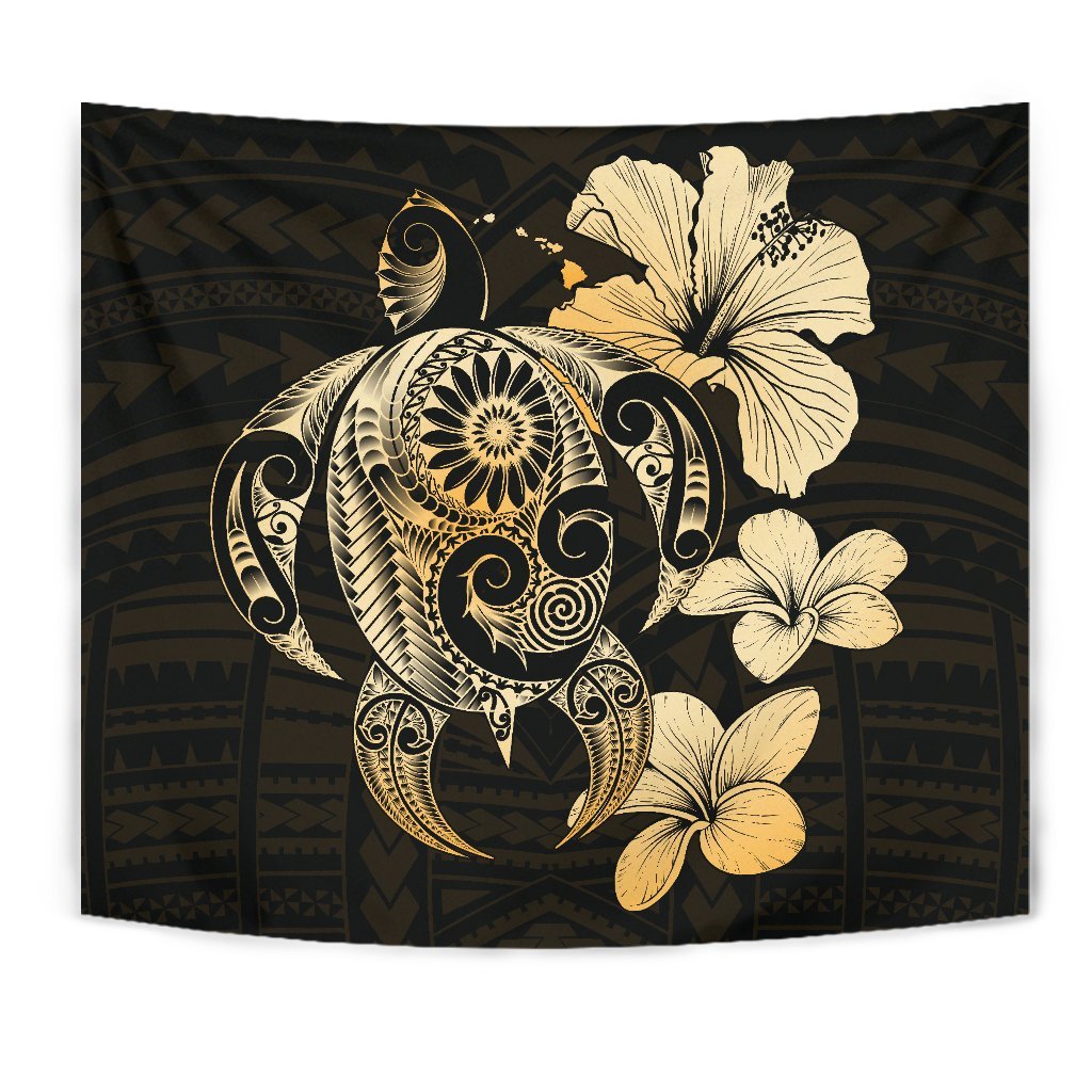 Hibiscus Plumeria Mix Polynesian Gold Turtle Tapestry - Polynesian Pride