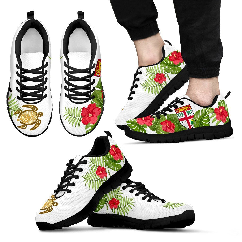 Fiji Sneakers - Fijian Flag Turtle Hibiscus White Version - K5 Unisex Black - Polynesian Pride