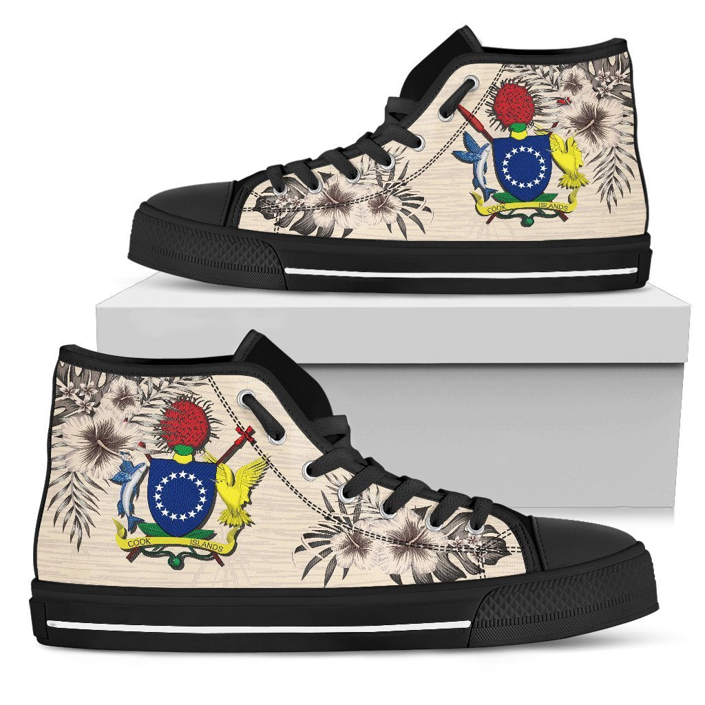 Cook Islands High Top Shoes - The Beige Hibiscus Mens High Top - Black US5 (EU38) Beige - Polynesian Pride