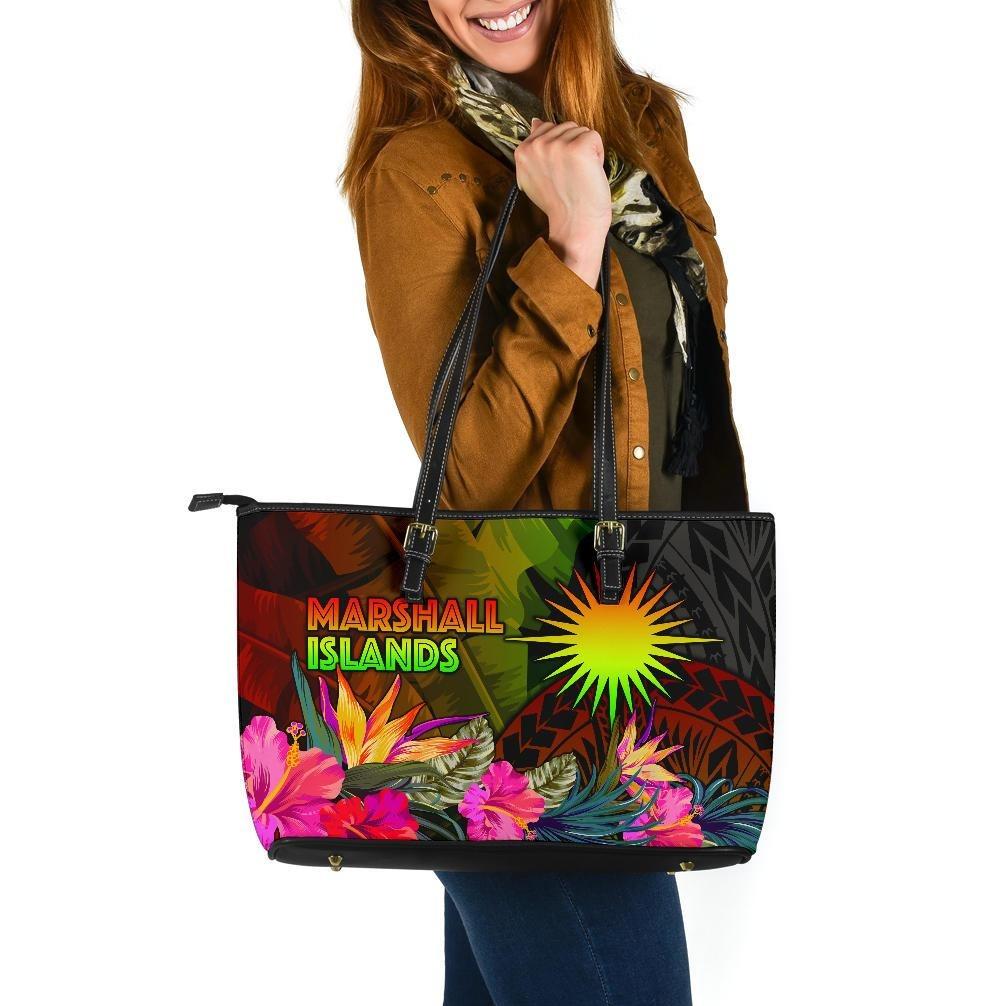 Marshall Islands Polynesian Large Leather Tote Bag - Hibiscus and Banana Leaves Reggae - Polynesian Pride