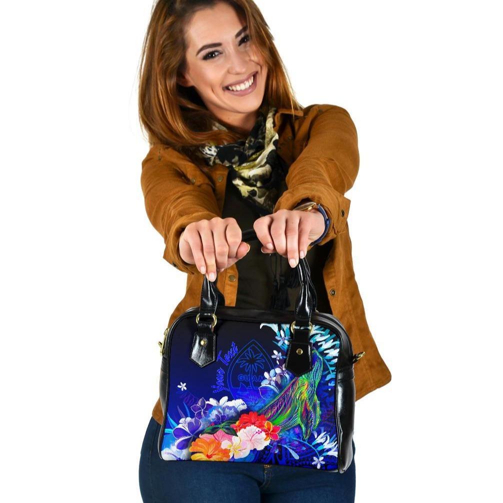 Guam Custom Personalised Shoulder Handbag - Humpback Whale with Tropical Flowers (Blue) One Size Blue - Polynesian Pride