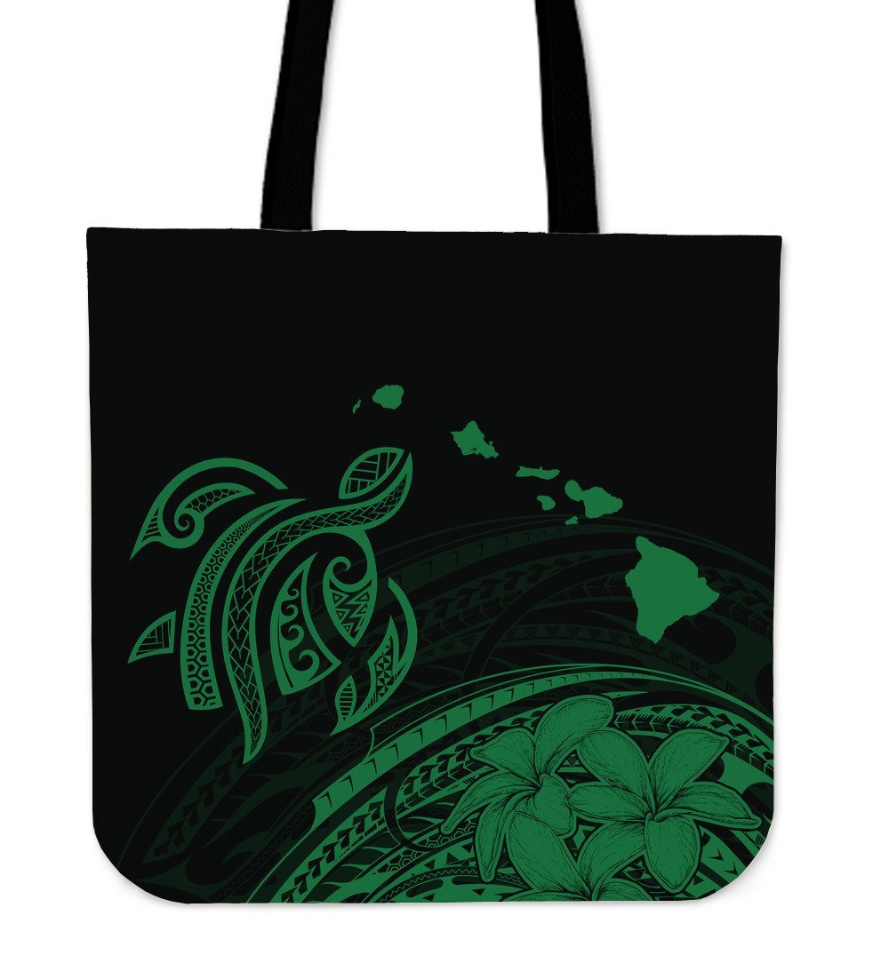 Hawaii Map Plumeria Polynesian Green Turtle Tote Bag Tote Bag One Size Green - Polynesian Pride