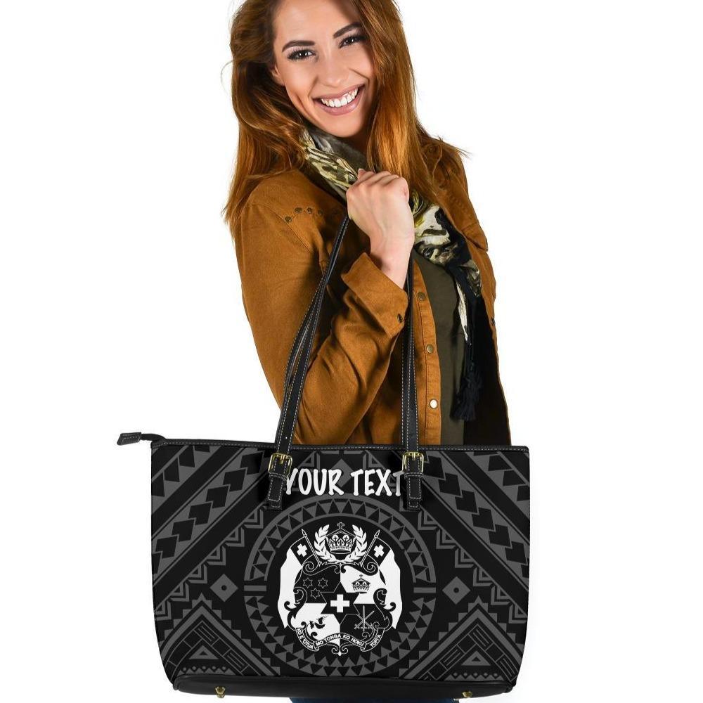 Tonga Personalised Leather Tote Bag - Tonga Seal With Polynesian Tattoo Style (Black) Black - Polynesian Pride