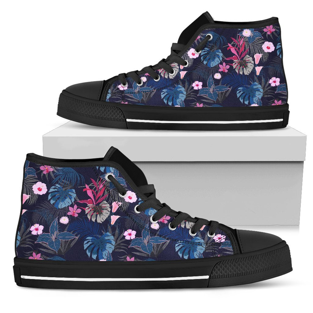 Hawaiian Shoes - Tropical Palm Tree And Flower High Top Shoes Mens High Top Black - Polynesian Pride