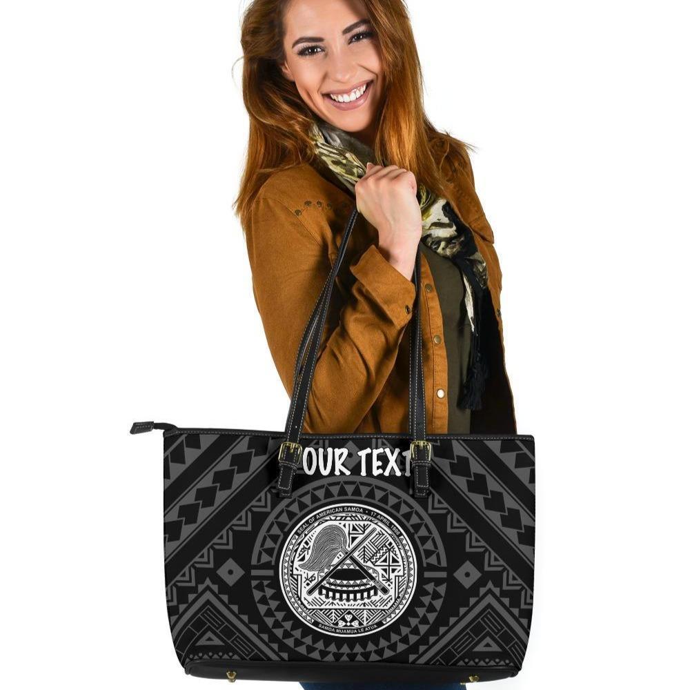 American Samoa Personalised Leather Tote Bag - Seal In Polynesian Tattoo Style ( Black) Black - Polynesian Pride