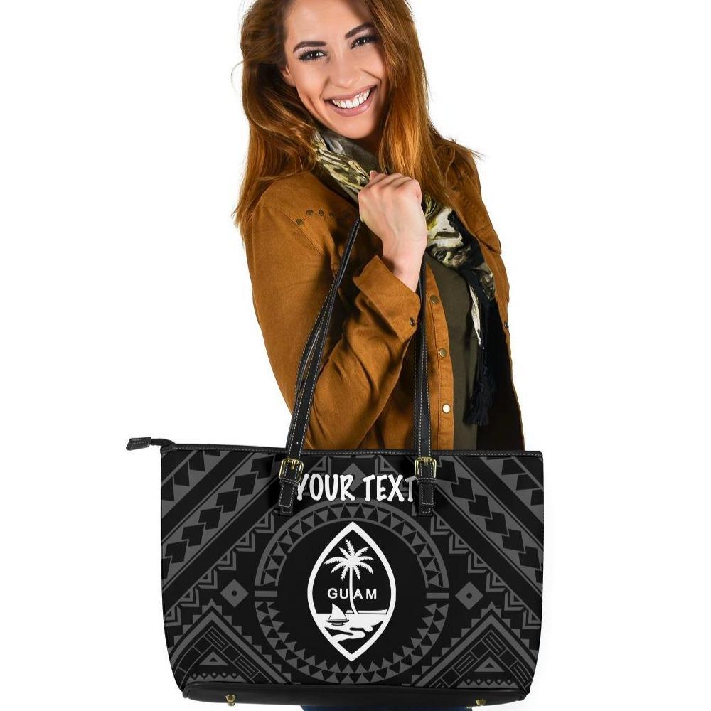 Guam Personalised Leather Tote Bag - Guam Seal With Polynesian Tattoo Style (Black) Black - Polynesian Pride