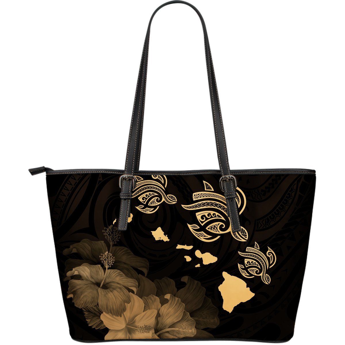 Hawaii Hibiscus Map Polynesian Ancient Gold Turtle Large Leather Tote Gold - Polynesian Pride