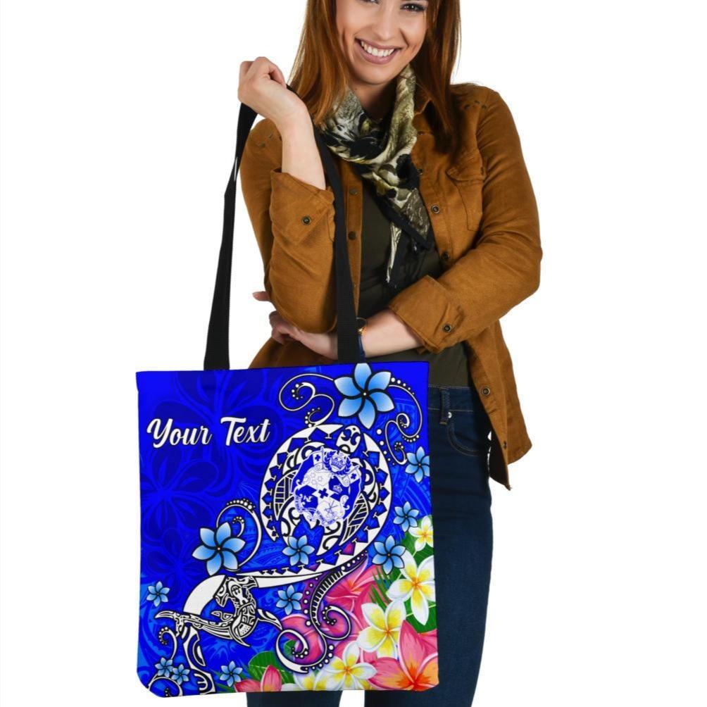 Tonga Custom Personalised Tote Bags - Turtle Plumeria (Blue) Tote Bag One Size Blue - Polynesian Pride