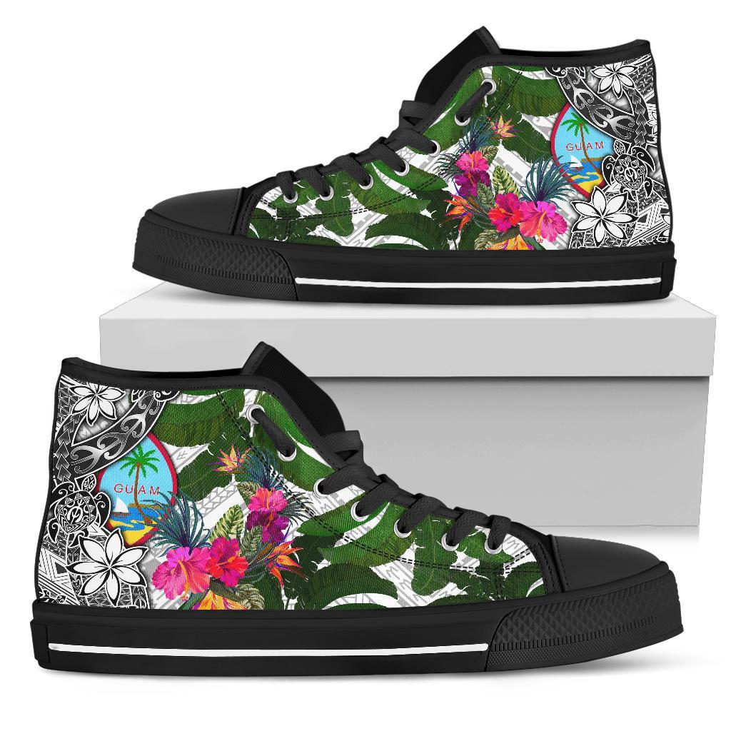 Guam High Top Shoes White - Turtle Plumeria Banana Leaf Unisex Black - Polynesian Pride