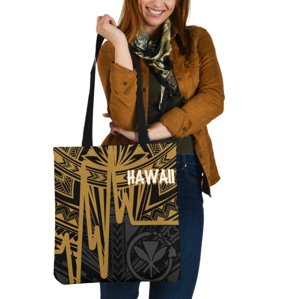 Hawaii Tote Bags - Kanaka Maoli With Polynesian Pattern In Heartbeat Style (Gold) Tote Bag One Size Gold - Polynesian Pride