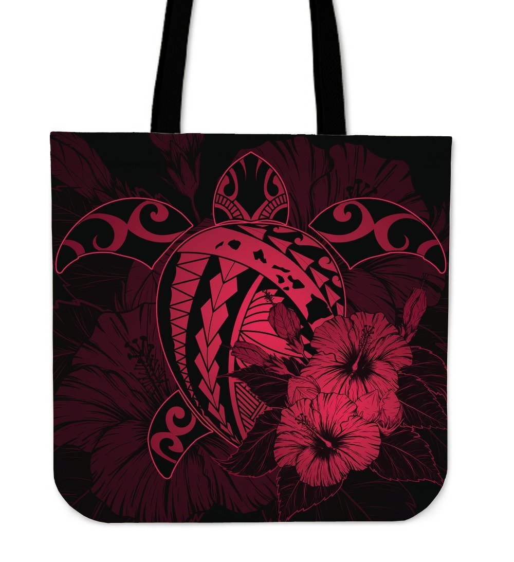 Hawaii Hibiscus Tote Bag - Harold Turtle - Calico Red Tote Bag One Size Red - Polynesian Pride