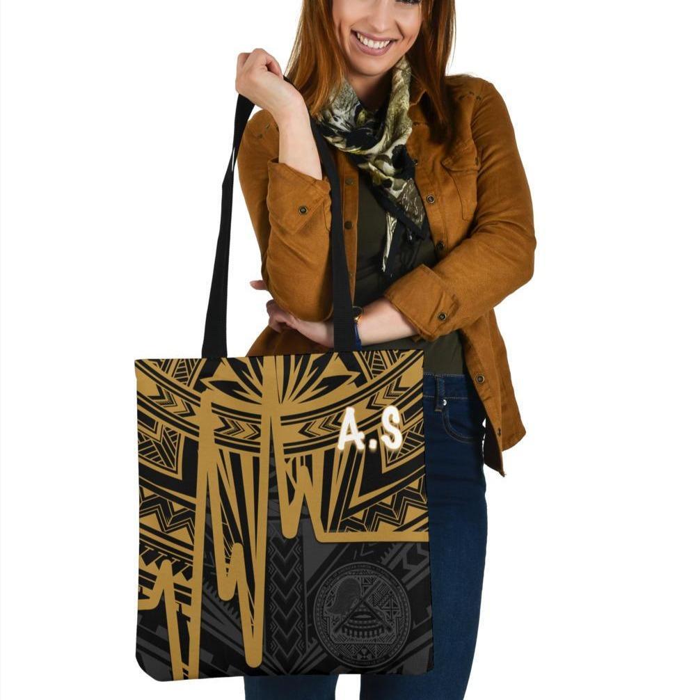 American Samoa Tote Bags - Seal With Polynesian Pattern Heartbeat Style (Gold) Tote Bag One Size Gold - Polynesian Pride