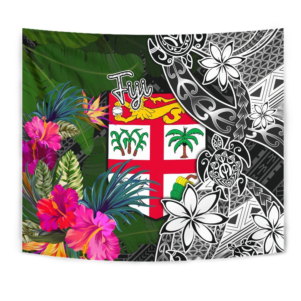 Fiji Tapestry - Turtle Plumeria Banana Leaf Wall Tapestry Black - Polynesian Pride