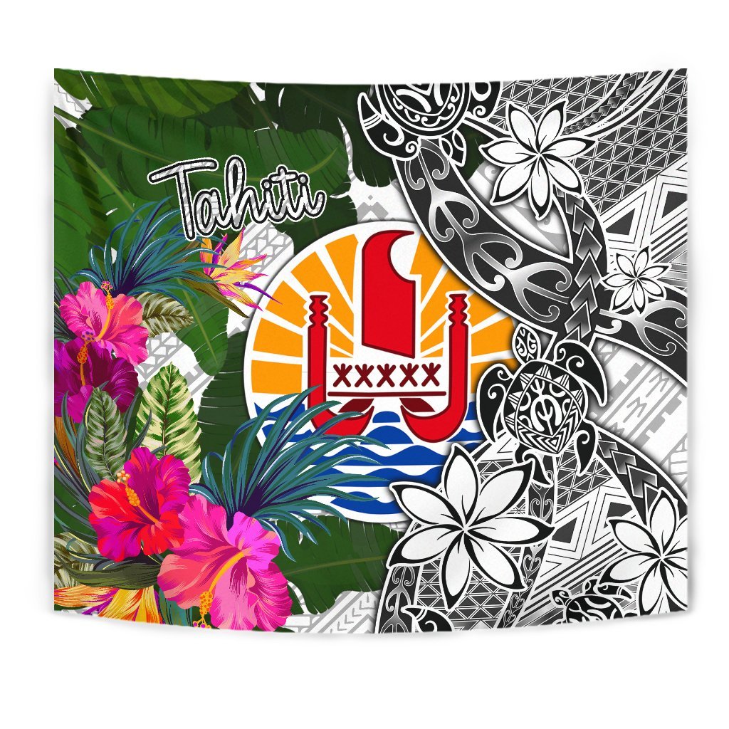 Tahiti Tapestry White - Turtle Plumeria Banana Leaf Wall Tapestry White - Polynesian Pride